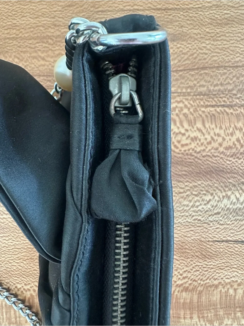 White House Black Market Black Bow-Front Evening Shoulder Bag with Pearl Chain